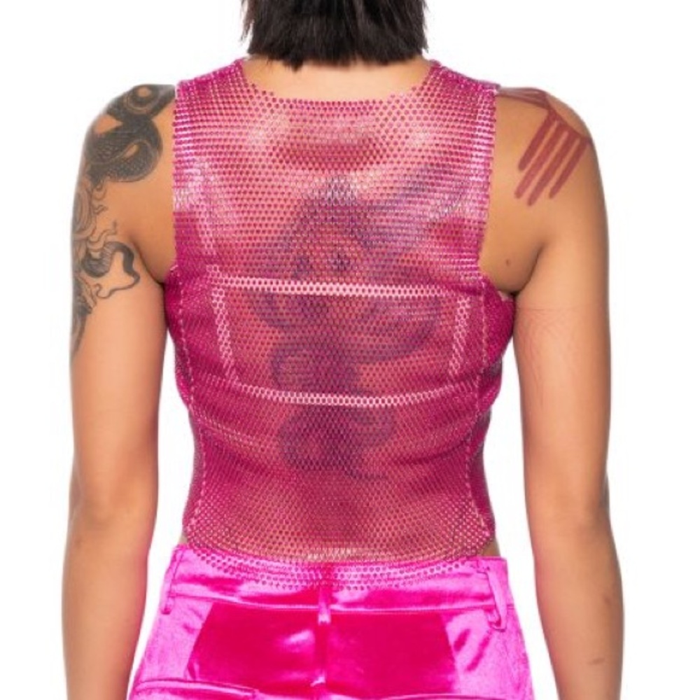 •Zelda• Rhinestone Mesh Sleeveless Crop Top In Fuchsia - Picture 2 of 4